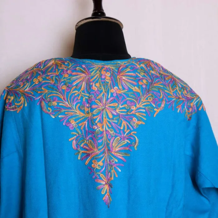 Stylish Cyan Blue Cashmilon Pheran with Front-Back Aari Embroidery - Badamweer Collection - Image 3