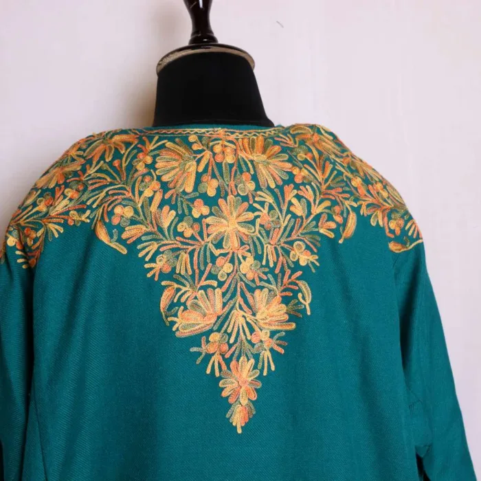 Elegant Aqua Blue Front-Back Aari Embroidered Pheran in Soft Cashmilon Fabric - Badamweer Collection - Image 3