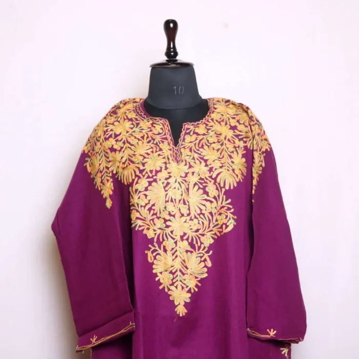 Stylish Violet Cashmilon Loose Pheran with Beautiful Front-Back Aari Work - Baghimehtab collection