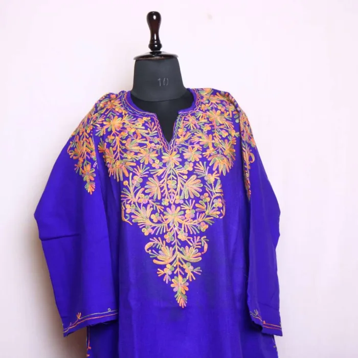 Graceful Royal Blue Front-Back Aari Work Pheran in Soft Cashmilon Fabric - Baghimehtab collection