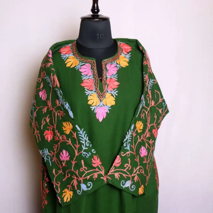 Elegant Green Cashmilon Pheran with Heavy Jaal Sleeve and Damaan in Aari Embroidery - Wazir Bagh Collection