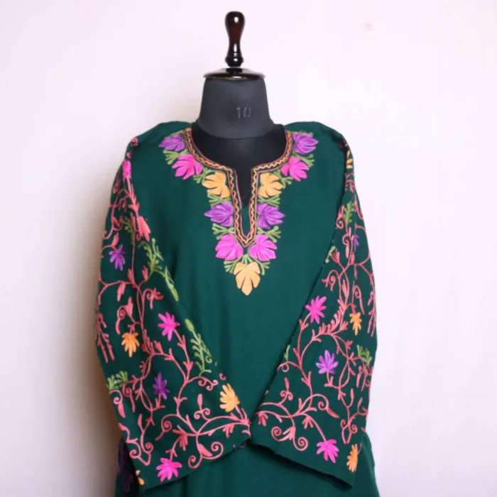 Stylish Aari Embroidered Dark Green Cashmilon Pheran with Heavy Jaal Sleeve and Damaan - Wazir Bagh Collection