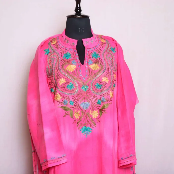 Adorable Pinkish Cashmilon Pheran with Intricate Aari and Zari Embroidery - Baghimehtab collection