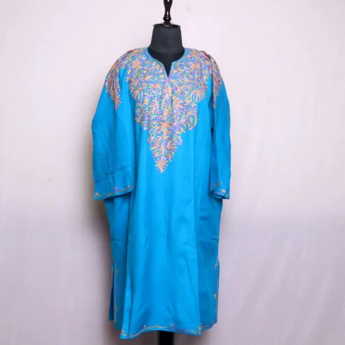 Stylish Cyan Blue Cashmilon Pheran with Front-Back Aari Embroidery - Badamweer Collection - Image 2