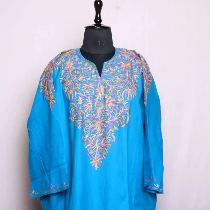 Stylish Cyan Blue Cashmilon Pheran with Front-Back Aari Embroidery - Badamweer Collection