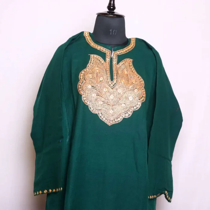 Dark Green Cashmilon Tilla Embroidered Pheran | Feran | Phiran - Badamweer collection