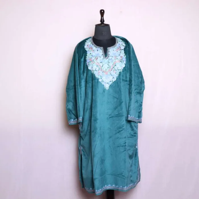 Elegant Teal Blue Loose Velvet Pheran with Aari Embroidery - Badamweer Collection - Image 2