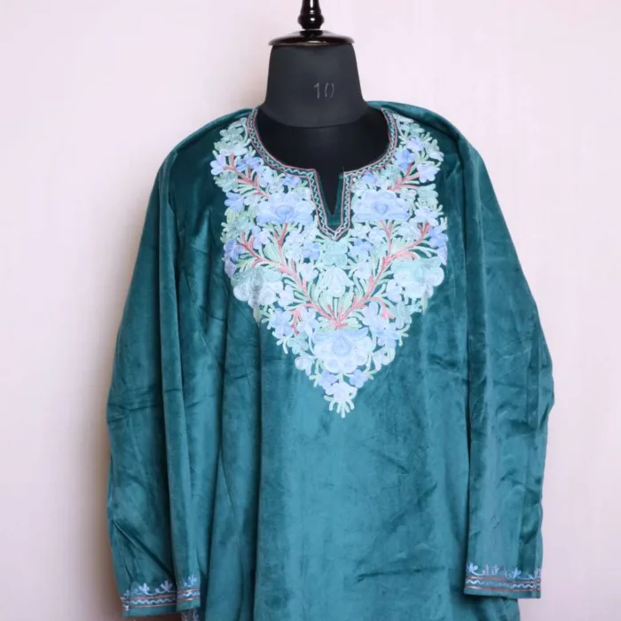 Elegant Teal Blue Loose Velvet Pheran with Aari Embroidery - Badamweer Collection