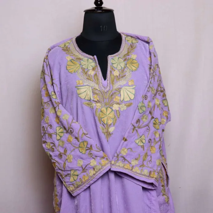 Lavender Makhmal Loose Pheran with Sleeve Aari Embroidery - Wazeer Bagh Collection