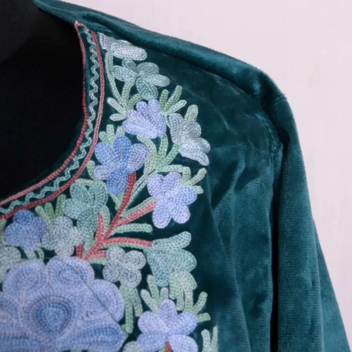 Elegant Teal Blue Loose Velvet Pheran with Aari Embroidery - Badamweer Collection - Image 3