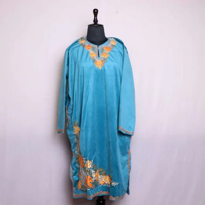 Beautifully Corner Aari Embroidered Aqua Blue Velvet Pheran for Winter - Badamweer Collection