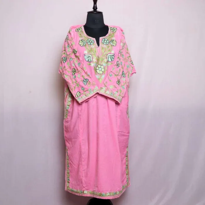 Elegant Pinkish Makhmal Loose Pheran with Sleeve Aari Embroidery - Wazeer Bagh Collection - Image 2