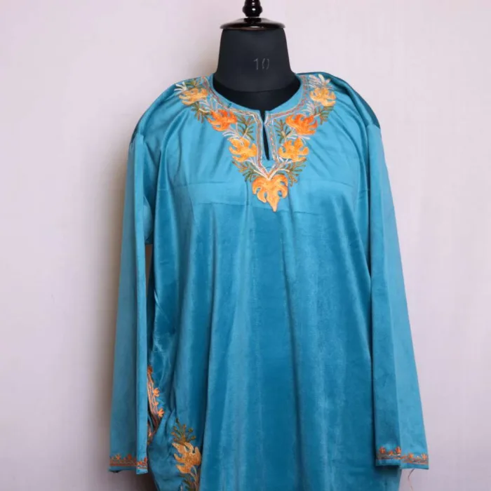 Beautifully Corner Aari Embroidered Aqua Blue Velvet Pheran for Winter - Badamweer Collection - Image 2