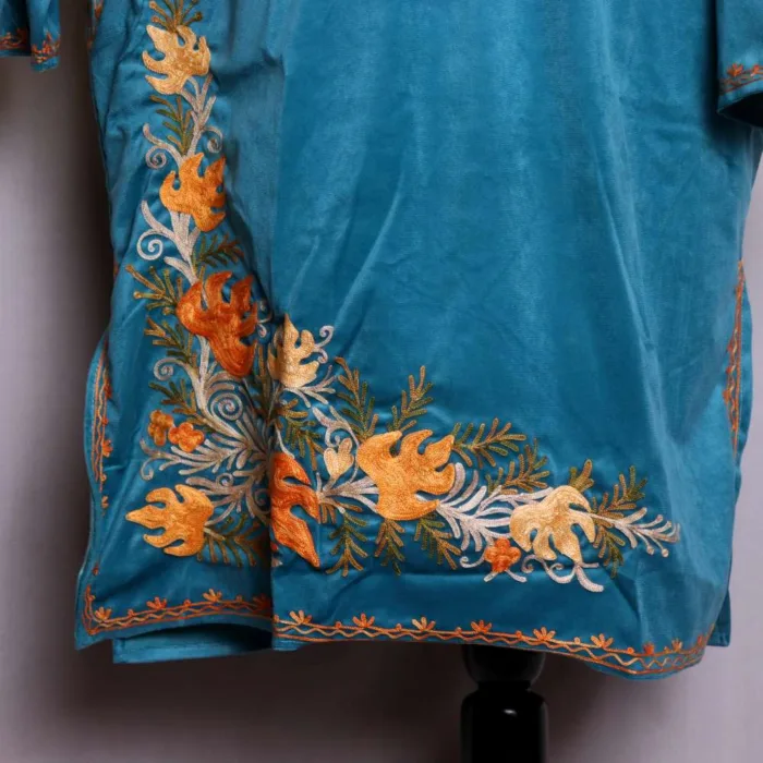 Beautifully Corner Aari Embroidered Aqua Blue Velvet Pheran for Winter - Badamweer Collection - Image 3