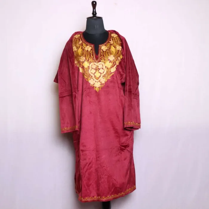 Graceful Maroon Velvet Pheran with Aari Work - Badamweer Collection - Image 2