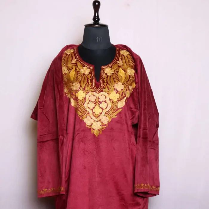 Graceful Maroon Velvet Pheran with Aari Work - Badamweer Collection