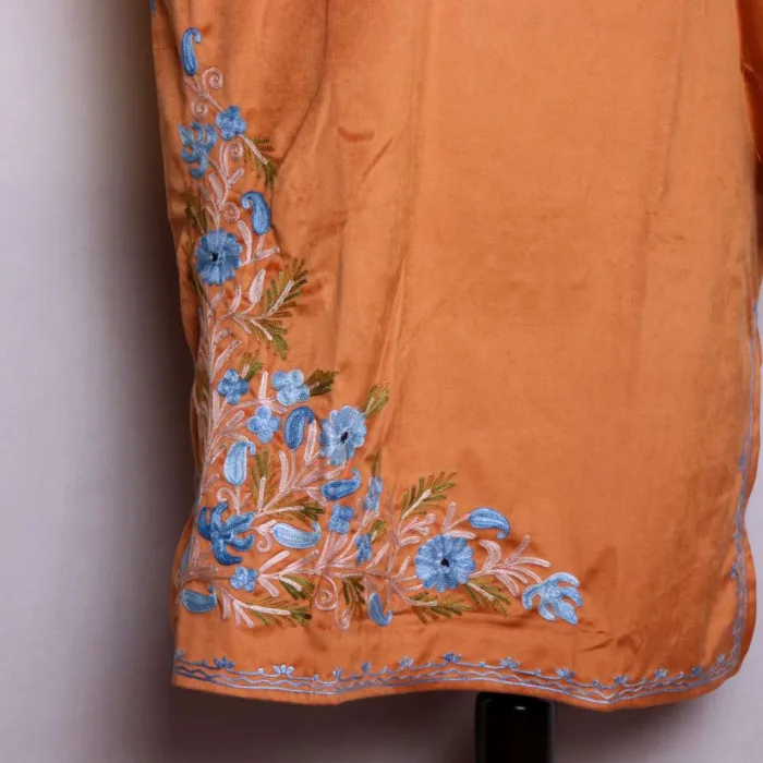 Peach Colored Velvet Pheran with Stunning Corner Aari Detailing - Badamweer Collection - Image 4