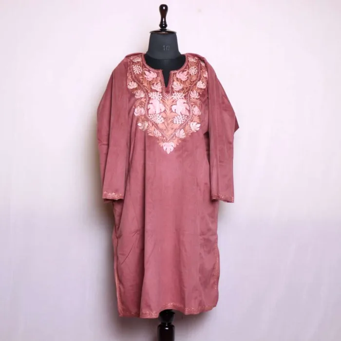 Elegent Loose Mauve Velvet Pheran with Aari Embroidery - Badamweer Collection - Image 2