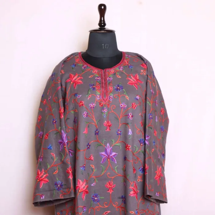 Kashmiri Dark Grey Raffal Pheran with Jaal Hand Aari Work - Rainawari Collection - Image 2