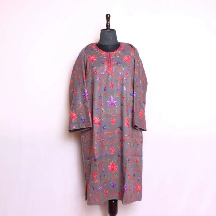 Kashmiri Dark Grey Raffal Pheran with Jaal Hand Aari Work - Rainawari Collection