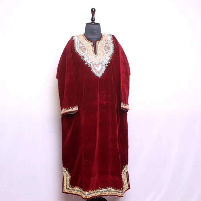 Maroon Velvet Loose Pheran with Hand Dabka Work - Wazeer Bagh Collection - Image 2