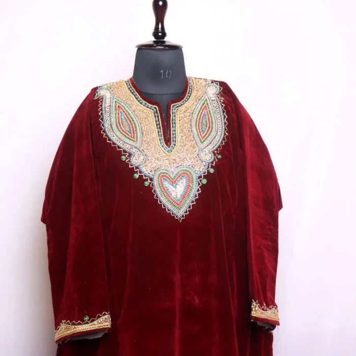 Maroon Velvet Loose Pheran with Hand Dabka Work - Wazeer Bagh Collection