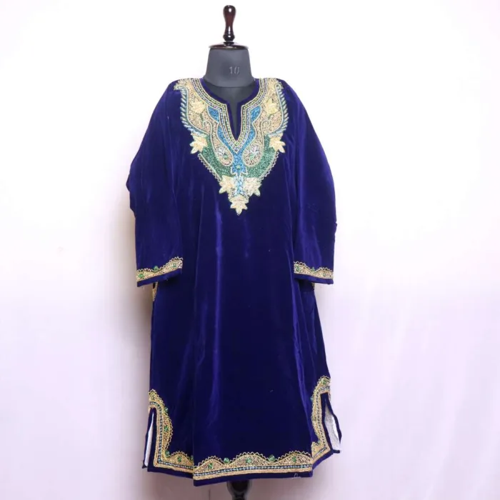 Navy Blue Elegant Hand Dabka Embroidered Loose Velvet Pheran - Wazeer Bagh Collection - Image 2