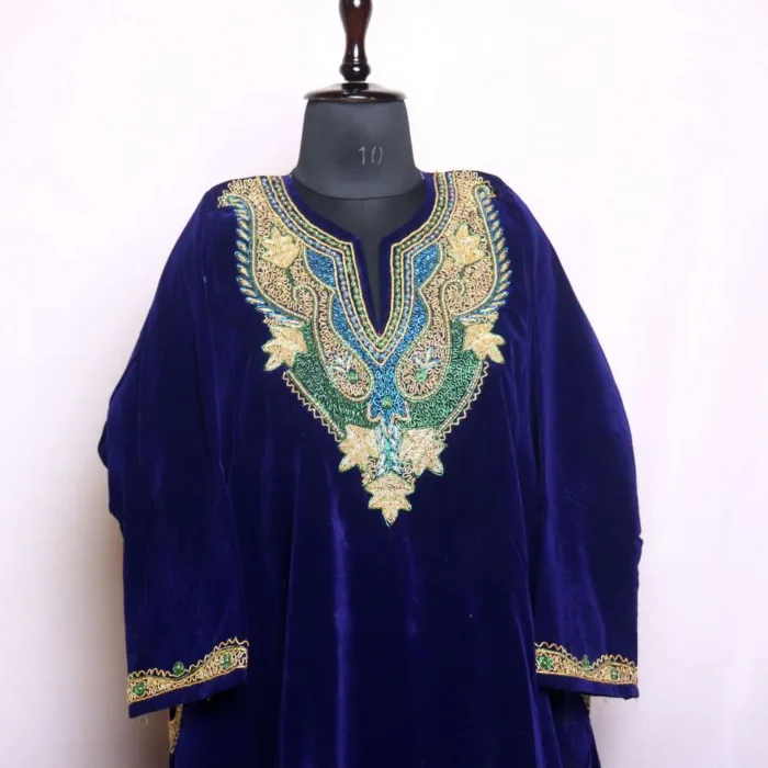 Navy Blue Elegant Hand Dabka Embroidered Loose Velvet Pheran - Wazeer Bagh Collection