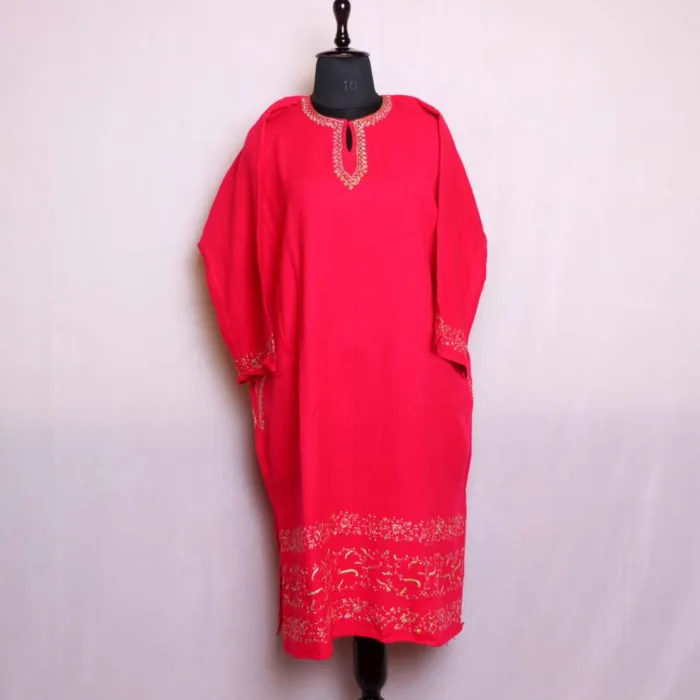 Hot Pink Kashmiri Needlework Pheran in Cashmilon - Saidakadal Collection