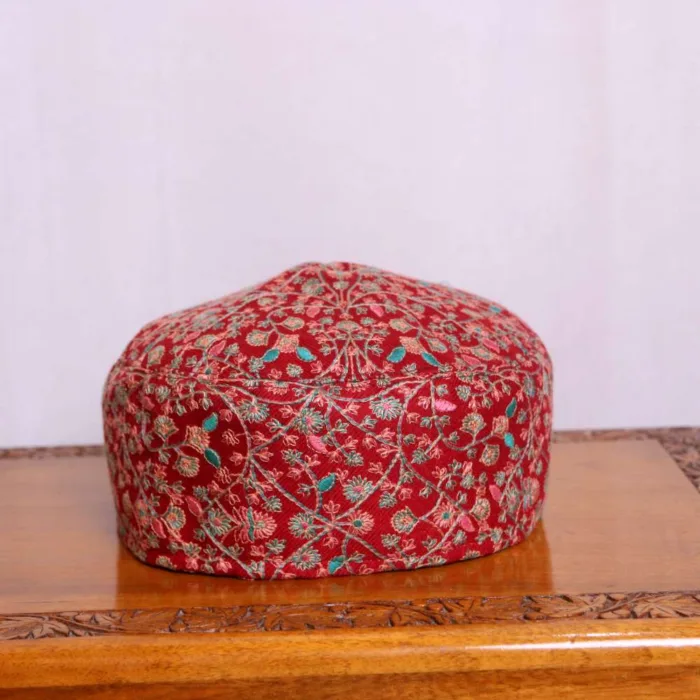 Yousufi Red Toosha Paper Mache Needlework Cap