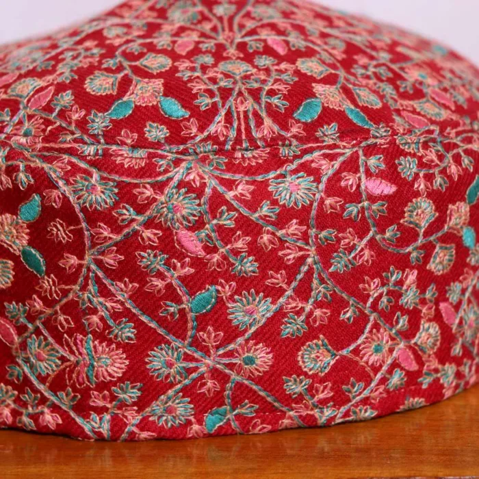 Yousufi Red Toosha Paper Mache Needlework Cap - Image 3