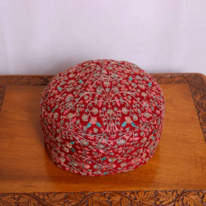 Yousufi Red Toosha Paper Mache Needlework Cap - Image 2