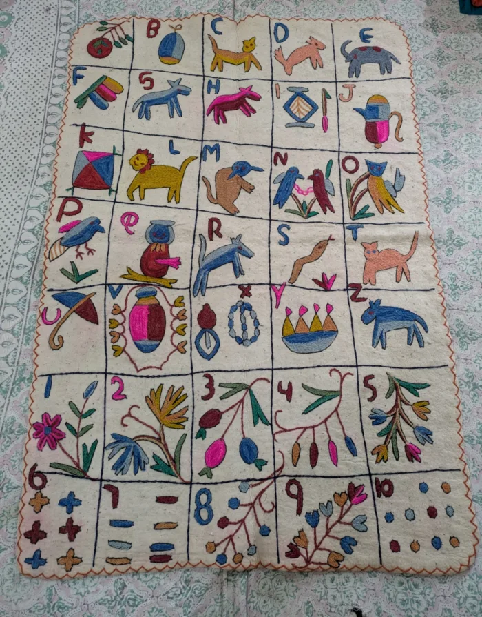 Handcrafted Wool Namda Rug with Timeless Aari Embroidery in Kids ABC Nursery Detailing (6x4 ft)