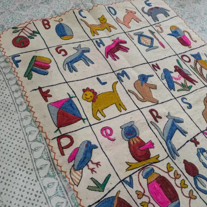 Handcrafted Wool Namda Rug with Timeless Aari Embroidery in Kids ABC Nursery Detailing (6x4 ft) - Image 2