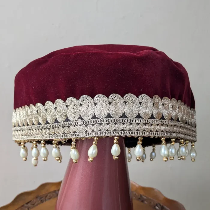 Elegant Maroon Kashmiri Velvet Bridal Cap with Tilla Embroidery