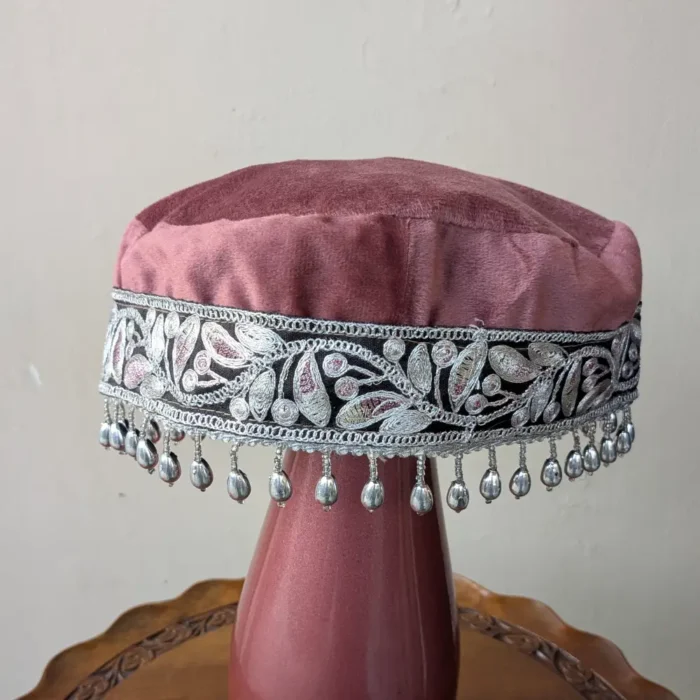 Lavender Kashmiri Velvet Bridal Cap with Tilla Embroidery