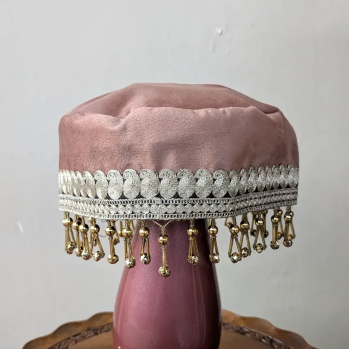 Light Pink Velvet Bridal Cap with Beautiful Tilla Detailing