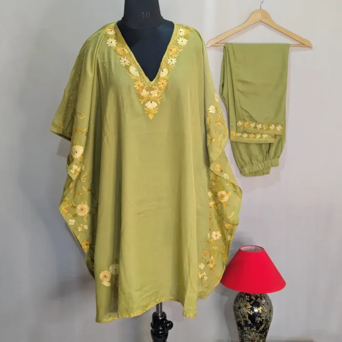 Breathable Kashmiri Lime Green Side Panel Aari Worked Kaftan in Summer Cool Fabric - Nowhatta Collection