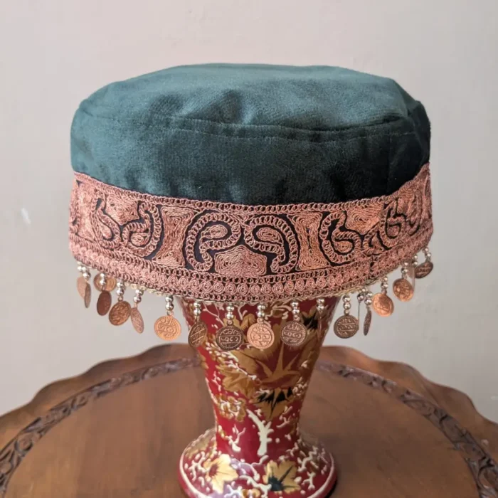 Bottle Green Velvet Bridal Cap with Elegent Badaami Tilla Work