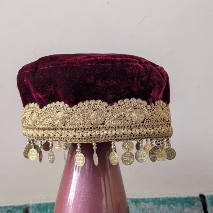 Traditional Maroon Velvet Bridal Cap with Elegent Tilla Designs