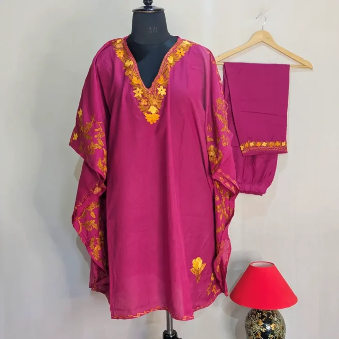 Soft & Stylish Hot-Pink Kashmiri Summer Cool Side Panel Kaftan with Aari Embroidery - Nowhatta Collection