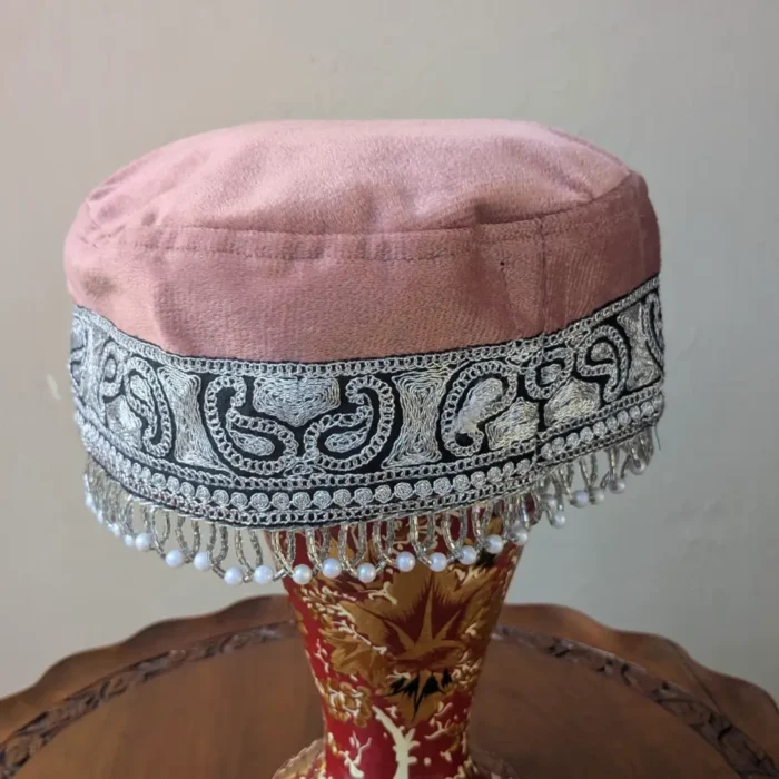 Pinkish Velvet Bridal Cap with Intricate Tilla Work