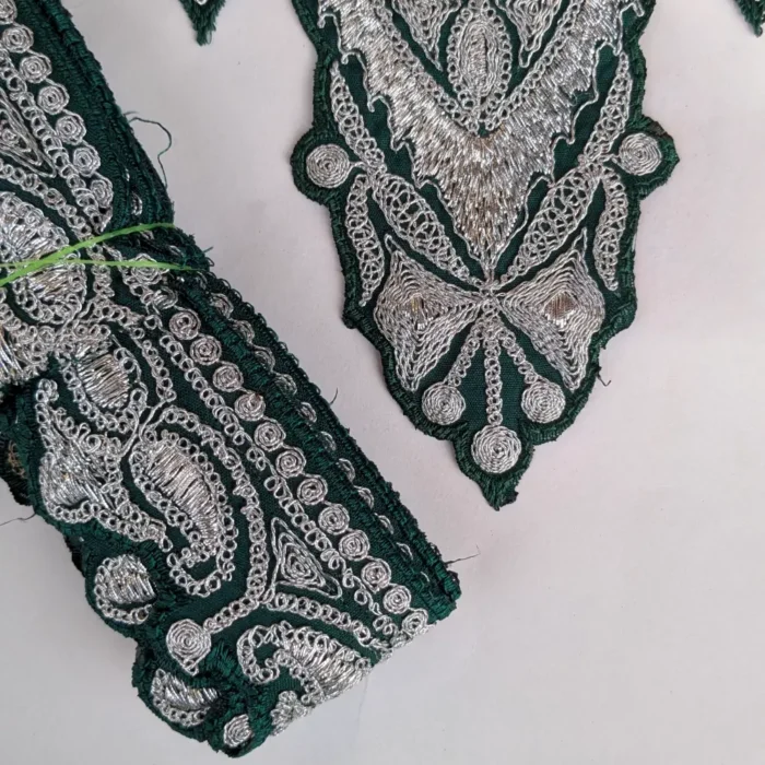 Green & Silver Twinkling Badami Design Neck Tilla embroidered Patch with (4.5m) Lace - Image 2