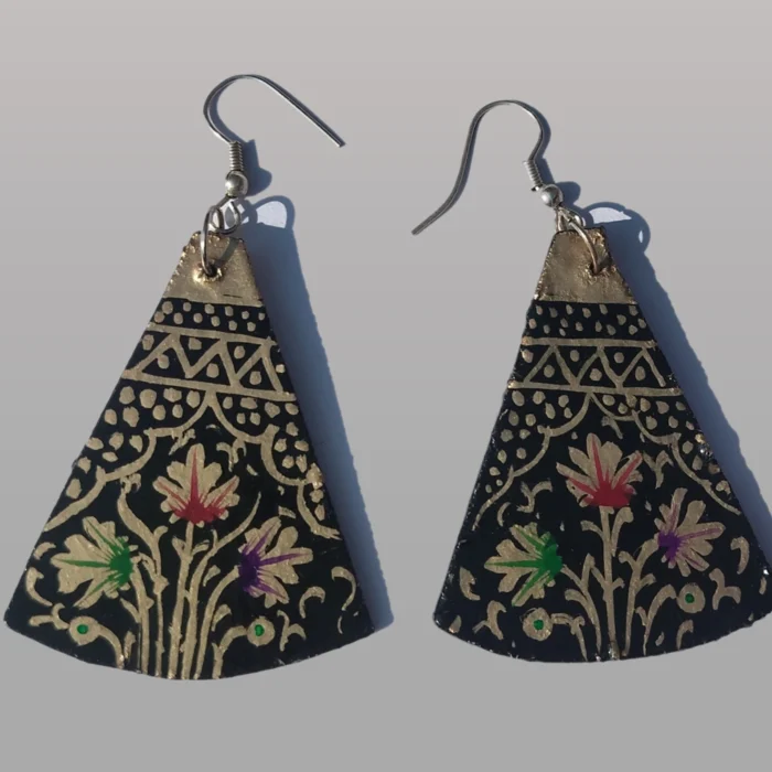 Handcrafted Black Paper Machie Earrings with Traditional Kashmiri Motifs - Aharbal Collection