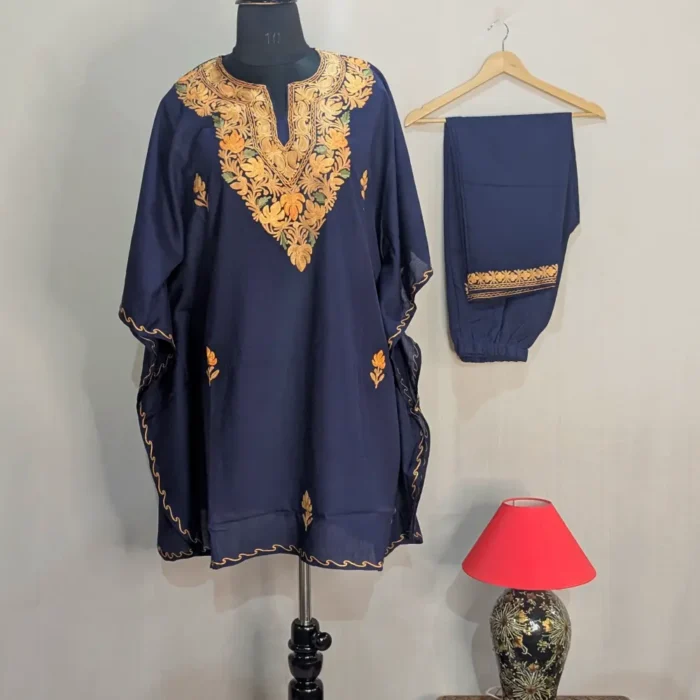 Dark Blue Summer Cool Kashmiri Boothidar Kaftan with Aari Embroidery – Nowhatta Collection