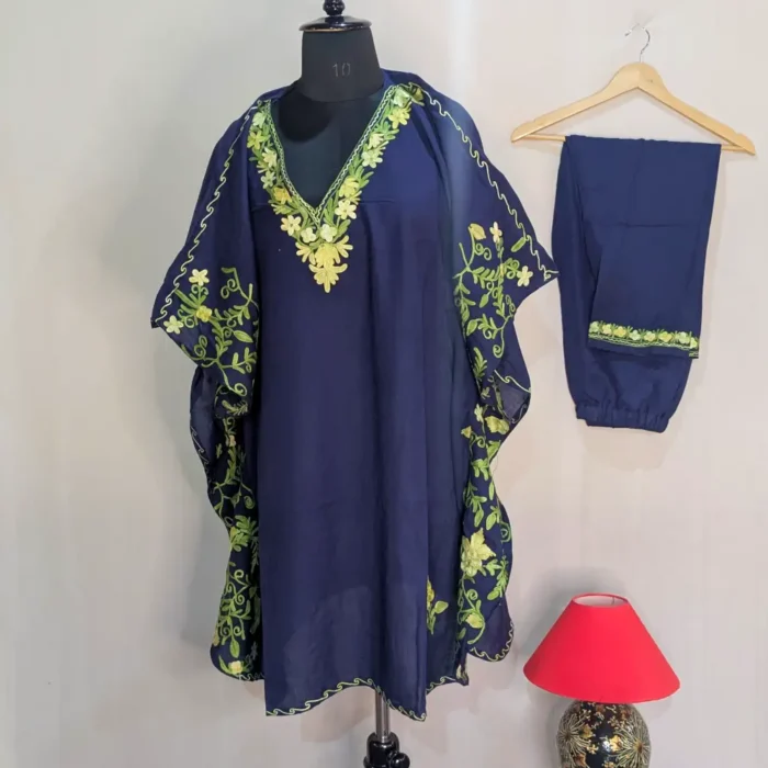 Dark Blue Summer Cool Kashmiri Side Panel Kaftan with Aari Work - Nowhatta Collection