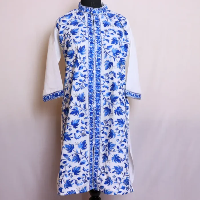 White Kashmiri Kurti with Blue Jaal Chinari Embroidery - Khayam Collection