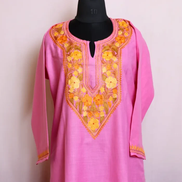 Stylish Kashmiri Kadhai Pink Kurta in Soft Cotton - Dalgate Collection