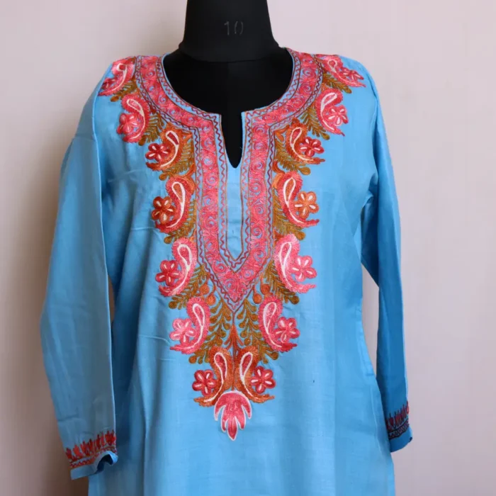 Traditional Kashmiri Sky Blue Kadhai Kurta in Cotton - Dalgate Collection