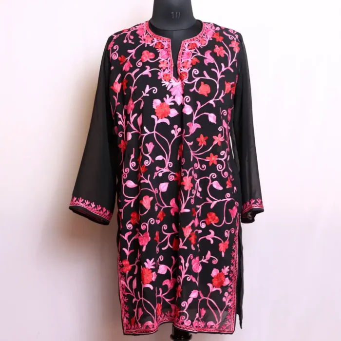 Black Kashmiri Georgette Kurti with All Over Aari Embroidery - Gulbano Collection